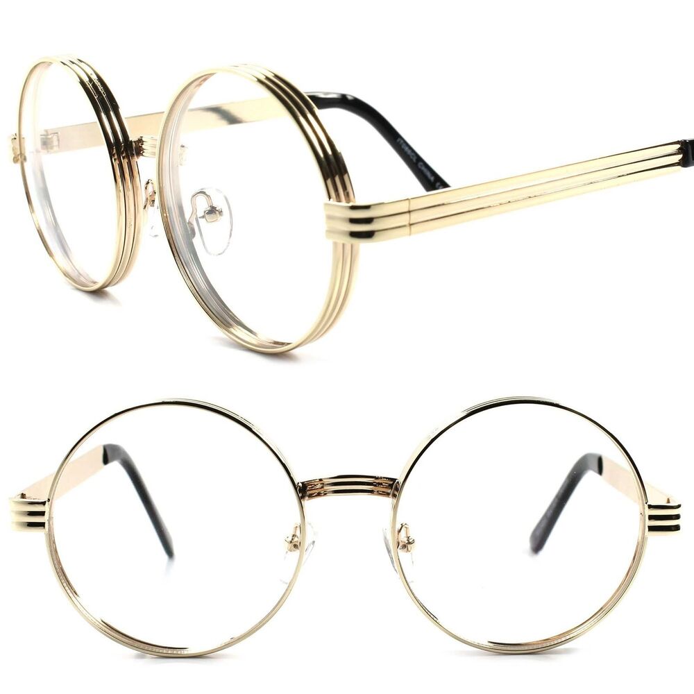 Classic Vintage Retro Steampunk Mens Womens Round Circle Clear Lens Gold Glasses